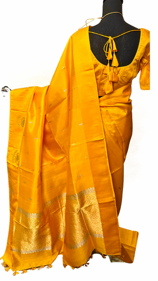 Pure Banarasi handloom silk saree with prestitched blouse yellow color