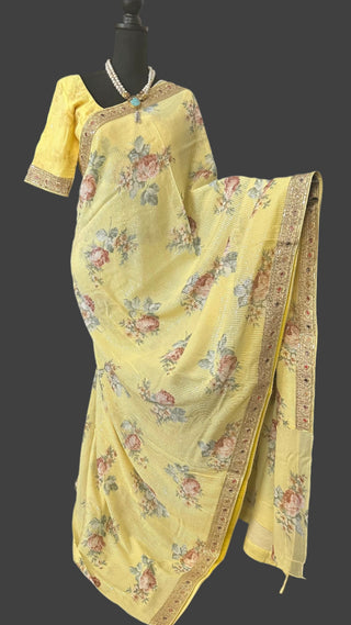 Yellow Georgette sequin saree online usa floral georgette partywear easy drape silk saree online usa 