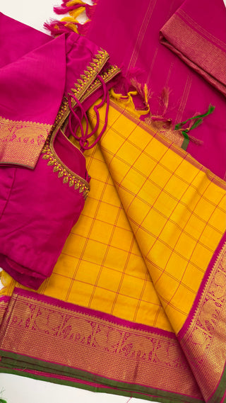 Yellow gold zari Kanjivaram silk saree with embroidered stitched blouse, traditional bridal saree for pellicheera pellikuthuru and wedding ceremonies