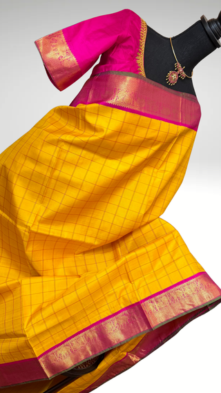 Yellow pure Kanjivaram silk saree with all over body design, heavy pallu and stitched blouse, easy drape bridal saree for sangeeth and reception wear