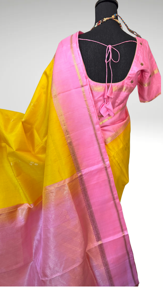 Yellow pink antique tissue soft silk saree handloom weave with embroidered stitched blouse
