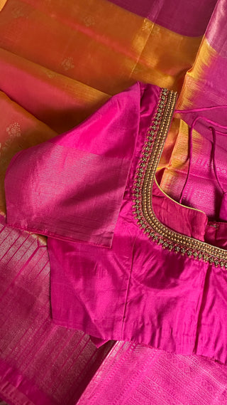 Vibrant yellow and pink handloom soft silk saree with stitched blouse, bridal quality craftsmanship, shipped worldwide from USA.