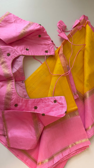 Yellow pink soft silk tissue saree with antique zari handloom and ready to wear stitched blouse