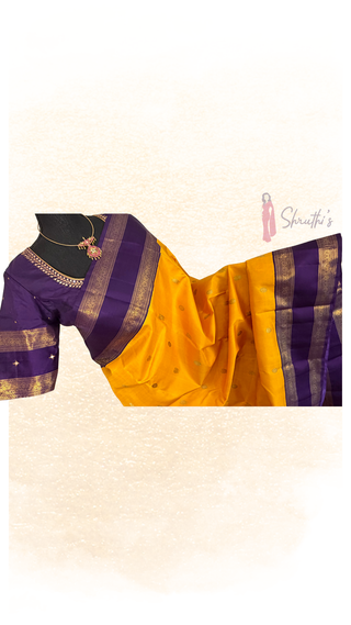 Pure Kanjivaram silk saree yellow with purple contrast border gold zari weave and ready blouse