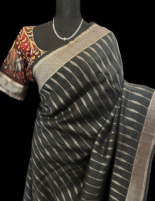 Beneras tussar silk silver zari with kalamkari pallu and kalamkari blouse silver zari silk saree black beneras saree usa online usa black beneras saree kalamkari saree