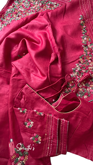 Handwoven red Tussar silk saree with embroidered border and pallu, soft and lightweight, ready-to-wear blouse – USA deliver