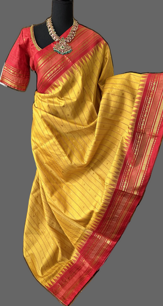 gadwal silk yellow red temple design saree 