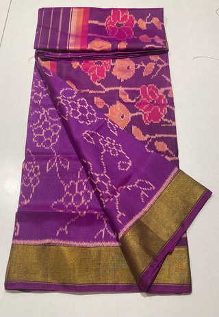Purple patola silk saree with  silk finish pallu with prestitched blouse