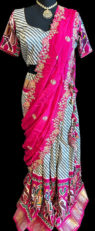 Ikkat lehenga Blouse design online Pink pure silk ikat print Lehenga online shopping