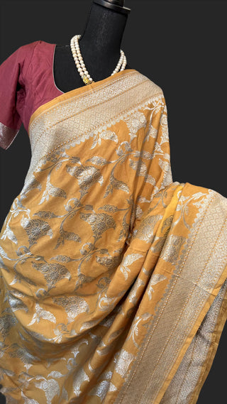 Mustard Tussar Beneras silk saree antique black zari with stitched blouse online shopping usa