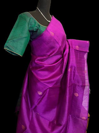 Purple pure Raw silk saree with copper motifs contrast blouse