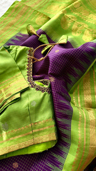 Purple Gadwal handwoven silk saree with embroidered stitched blouse