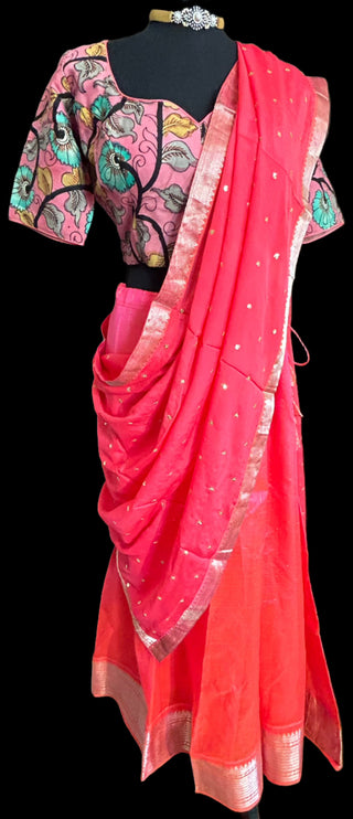 Pink Pure Mangalagiri Silk Cotton Lehenga hand painted kalamkari blouse with Dupatta online usa