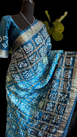 Bhandhani saree gajji silk saree peacock blue saree blue bandhani saree bhandhej saree online usa with stitched blouse online usa pure silk saree online usa 
