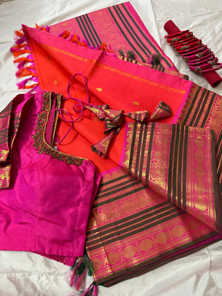 Orange kanjivaram silk saree with prestitched blouse pett border
