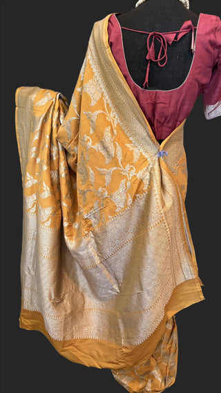 Mustard Tussar Beneras silk saree antique black zari with stitched blouse online shopping usa