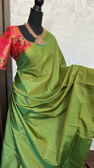 Plain green Pure kanjivaram silk saree with brocade silk  blouses