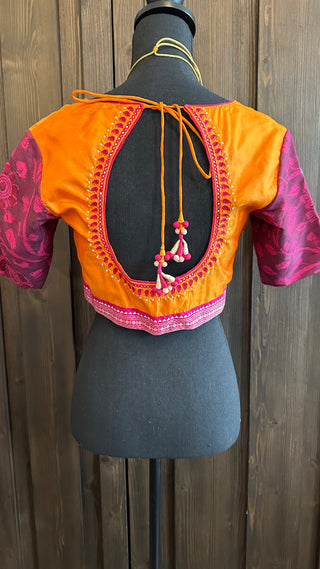 Orange pure silk kalamkari Hand embroidered silk blouse readymade usa online