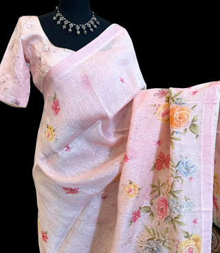 Pastel pink Floral Print Linen saree online usa