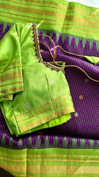 Purple Gadwal handwoven silk saree with embroidered stitched blouse