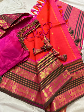 Orange kanjivaram silk saree with prestitched blouse pett border  Best saree for wedding guests  Kanchi pattu saree usa  Best site to buy saree in usa  Kanjivaram saree online usa