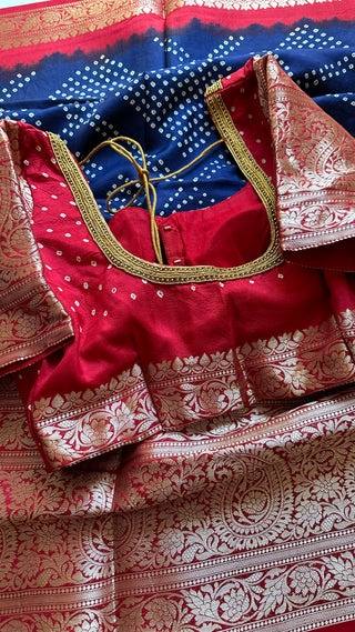 Dark blue to Red Bandhini patola silk saree pallu with stitched blouse