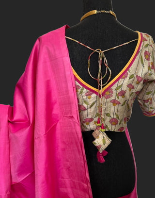Pink plain kanchi pattu saree kanjivaram silk saree kanchipuram silk plain pure silk saree usa pink plain kanchi pattu saree online usa with kalamkari blouse stitched blouse online usa 