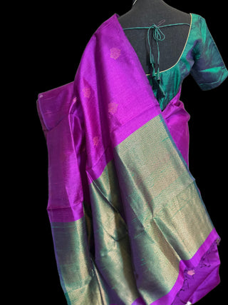 Purple pure Raw silk saree with copper motifs contrast blouse