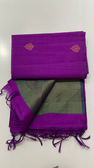 Purple pure Raw silk saree with copper motifs contrast blouse
