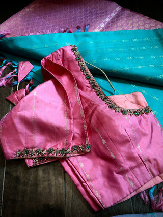Borderless salmon pink teal with silver  zari pure kanjivaram