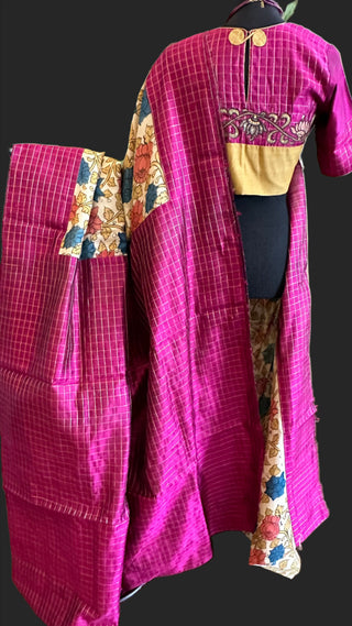Pure pen kalamkari saree with purple borders kalamkari blouse with embroidered blouse