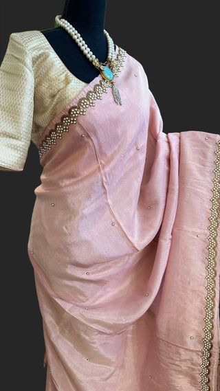 Tissue silk saree embroidered borders online usa pure pastel tissue saree online usa pink pastel tissue saree usa