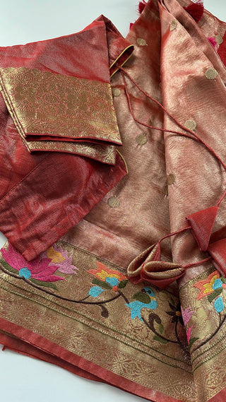 Red tissue saree online usa beneras borders tissue saree usa zari borders partywear saree online usa