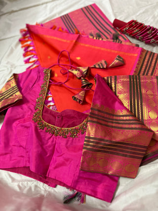 Orange kanjivaram silk saree with prestitched blouse pett border