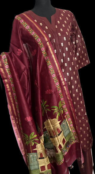 brown tussar pichwai print salwar set online shopping usa