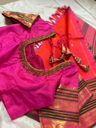 Orange kanjivaram silk saree with prestitched blouse pett border