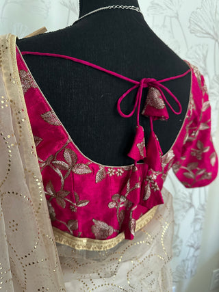 Organza saree with contrast blouse pink blouse gold zari white organza saree beige organza saree online usa 