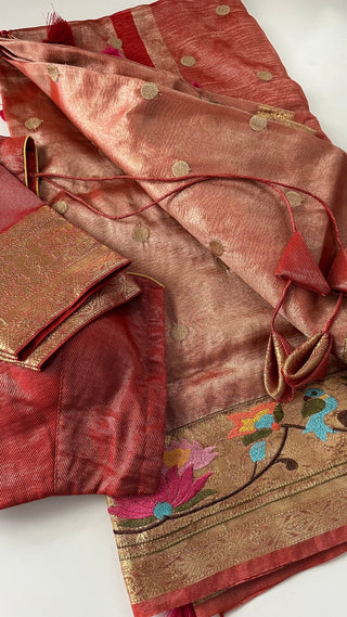 Red tissue saree online usa beneras borders tissue saree usa zari borders partywear saree online usa