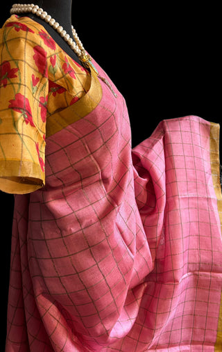Handwoven pink pure tussar silk saree  online and prestitched blouse
