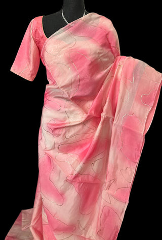 Pink organza partywear saree foil prints simple modern with blouse