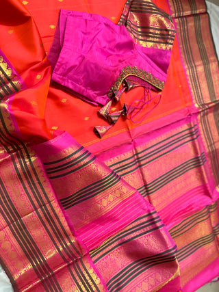 Orange kanjivaram silk saree with prestitched blouse pett border