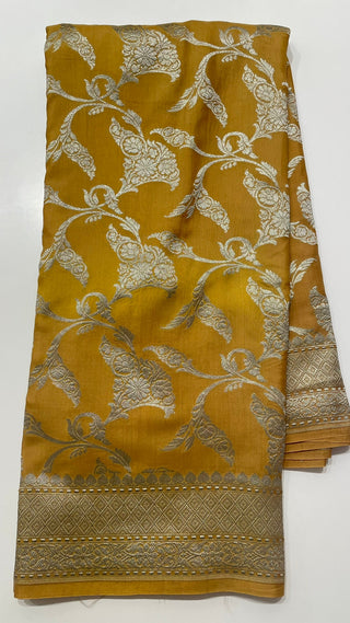 Mustard Tussar Beneras silk saree antique black zari with stitched blouse online shopping usa 