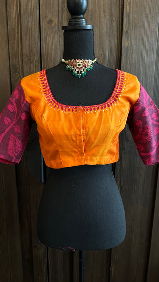 Orange pure silk kalamkari Hand embroidered silk blouse readymade usa online