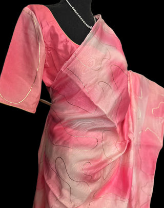 Pink organza partywear saree foil prints simple modern with blouse