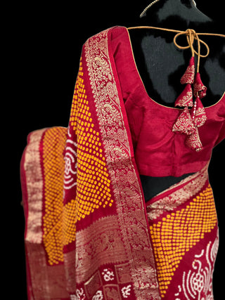 RED bandhani saree online shopping with blouse and pallu prestitched blouse