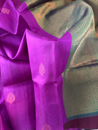 Purple pure Raw silk saree with copper motifs contrast blouse