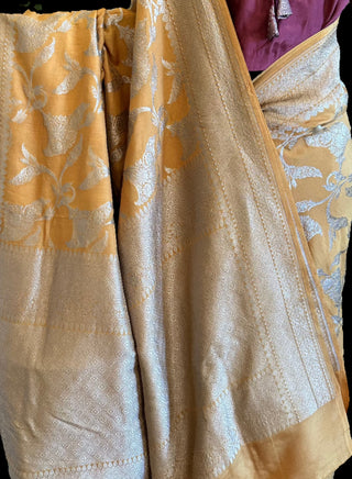 Mustard Tussar Beneras silk saree antique black zari with stitched blouse online shopping usa