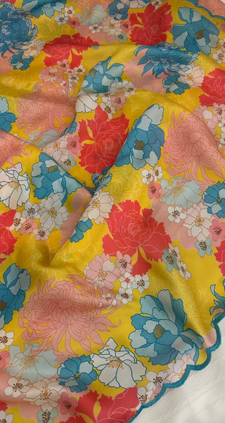 Floral yellow Satin saree with stitched  blouse online usa