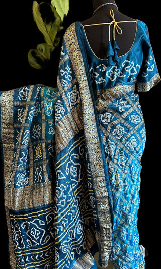 Bhandhani saree gajji silk saree peacock blue saree blue bandhani saree bhandhej saree online usa with stitched blouse online usa pure silk saree online usa 