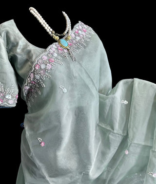 Light teal organza embroidered with stitched  blouse- party wear Organza